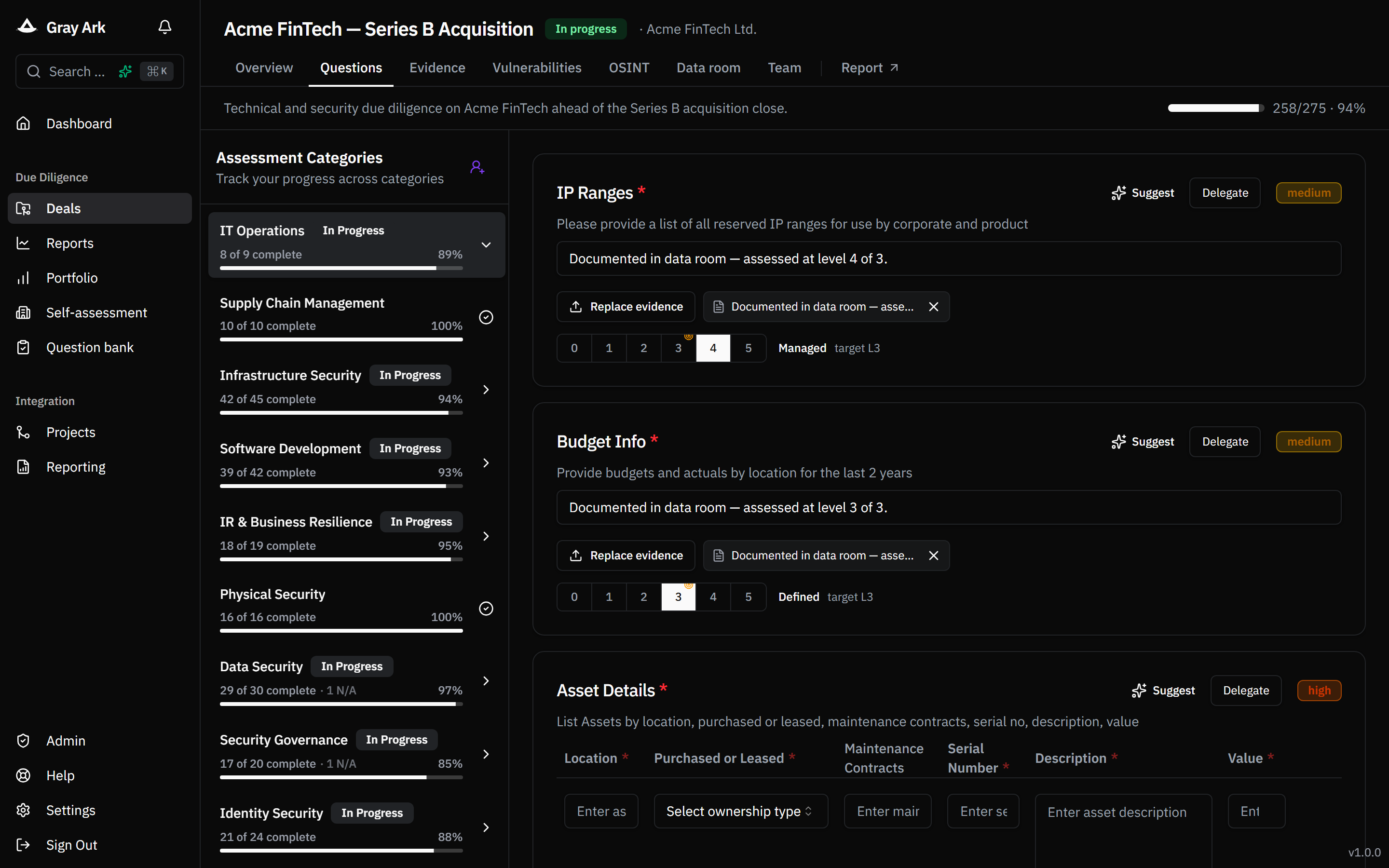 Deal workspace showing assessments in progress with maturity scores