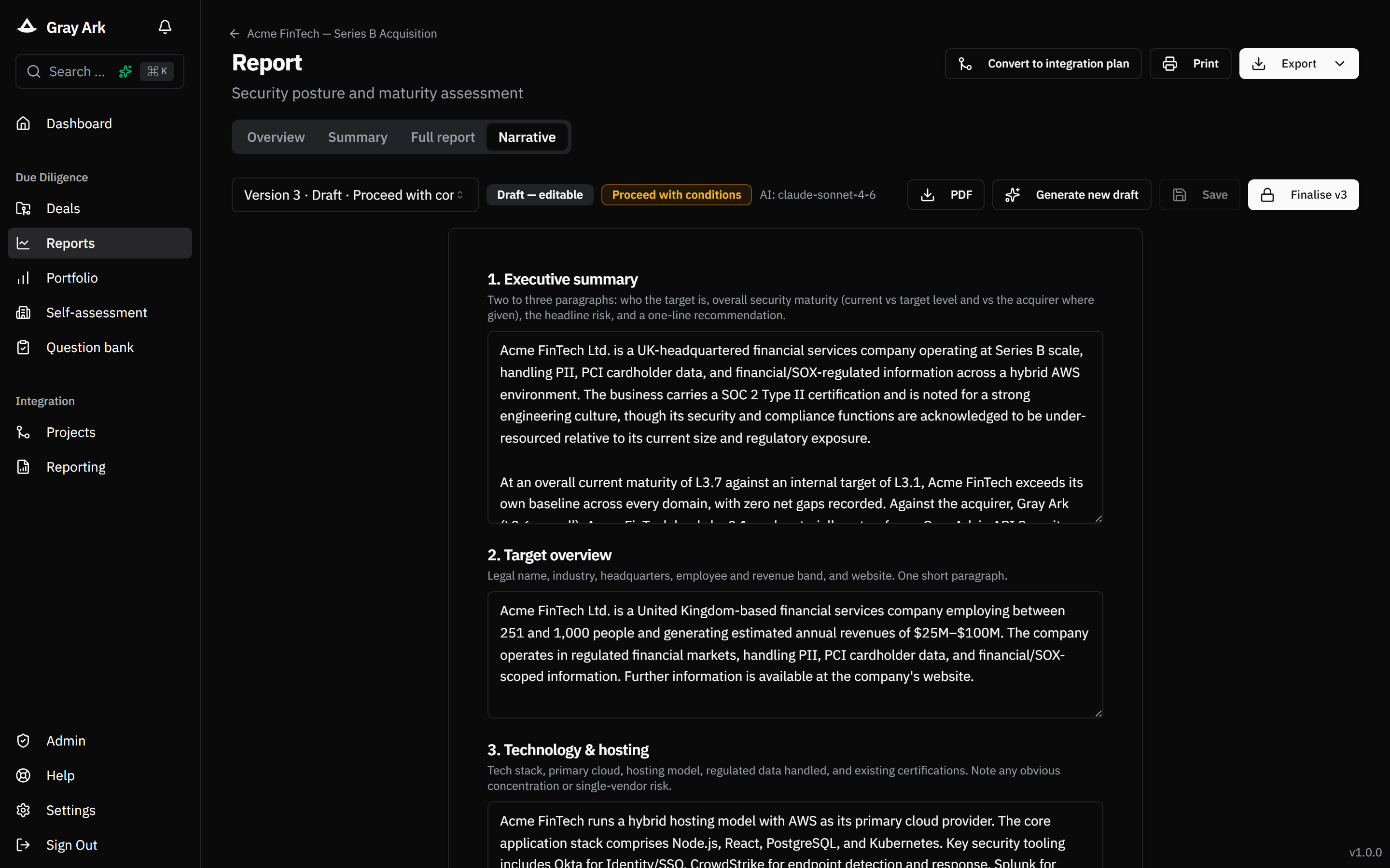 Narrative report editor with versioned sections